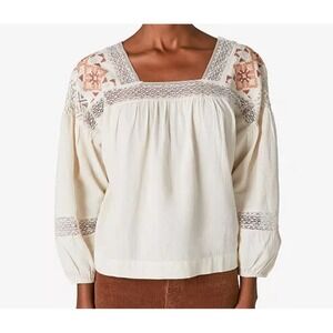 Lucky Brand Peasant Blouse Women 2XL Cream Embroidered Lace Square Neck NWT Boxy